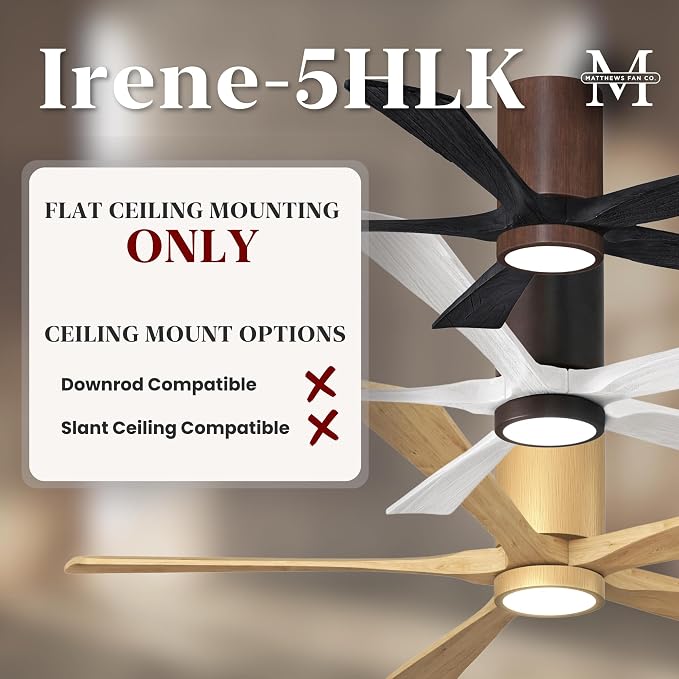 IR5HLK-TB-BK-60 Irene 60" Damp Rated Flush Mount Ceiling Fan with Light and Remote & Wall Control, Silent DC Motor, Textured