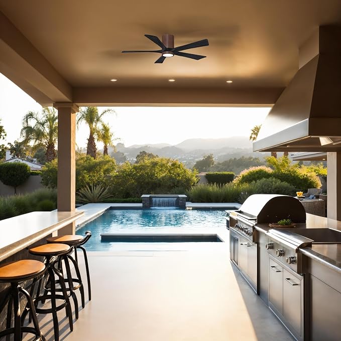IR5HLK-WN-BK-52 Irene 52" Damp Rated Flush Mount Ceiling Fan with Light and Remote & Wall Control, Silent DC Motor, Walnut