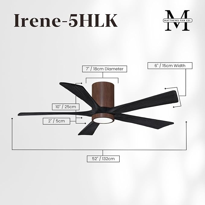 IR5HLK-WN-BK-52 Irene 52" Damp Rated Flush Mount Ceiling Fan with Light and Remote & Wall Control, Silent DC Motor, Walnut