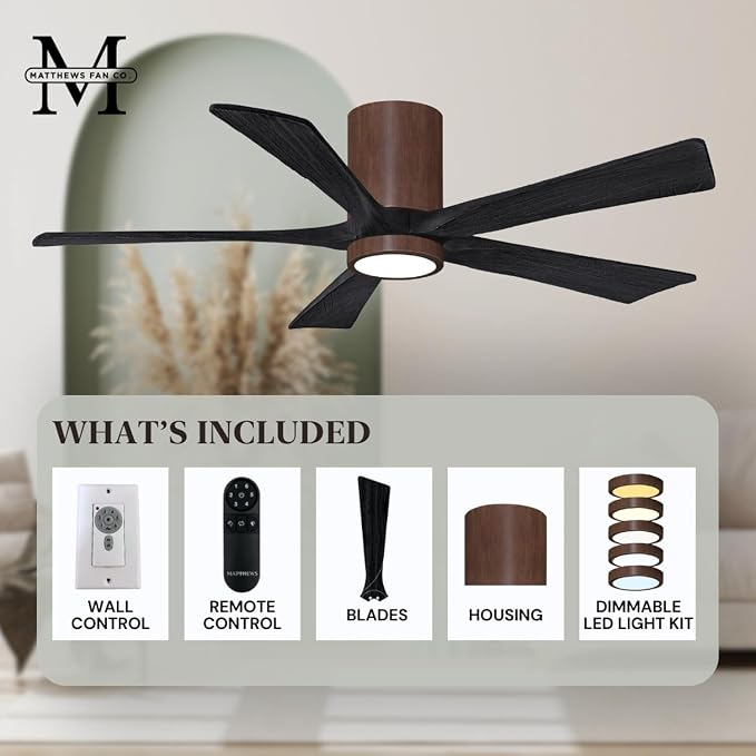 IR5HLK-WN-BK-52 Irene 52" Damp Rated Flush Mount Ceiling Fan with Light and Remote & Wall Control, Silent DC Motor, Walnut