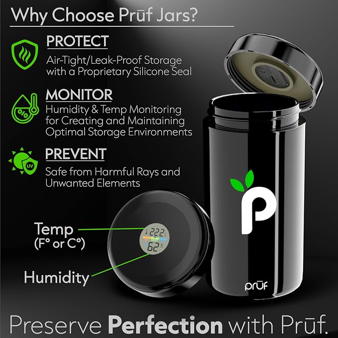 Jar with Built-In Hygrometer – 500ml Air-Tight, UV-Proof Glass Jar with High-Density Silicone Seal – Includes Two 62% 8G