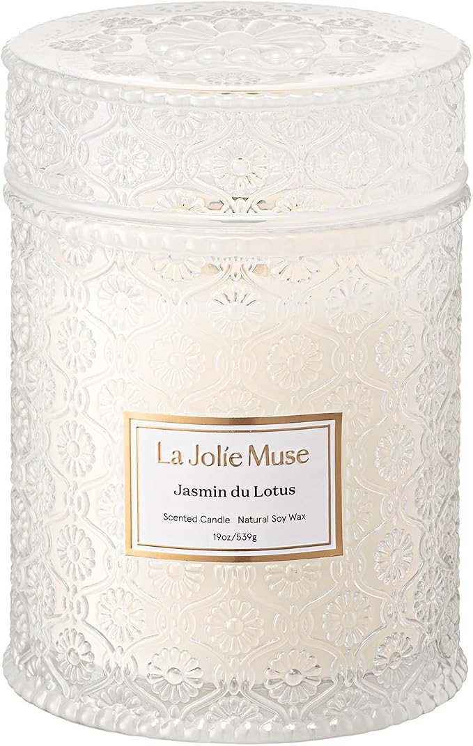 Jasmin du Lotus Candle - Ivy, Jasmine, Cedarwood | 19 oz Large Wooden Wick Candle | Natural Soy Wax | 90 Hours Clean Burn |