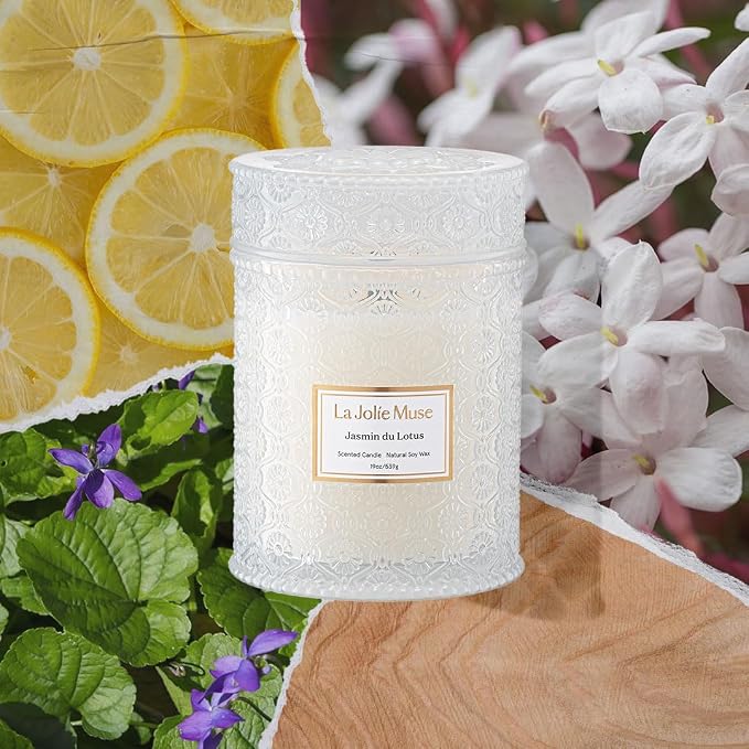 Jasmin du Lotus Candle - Ivy, Jasmine, Cedarwood | 19 oz Large Wooden Wick Candle | Natural Soy Wax | 90 Hours Clean Burn |