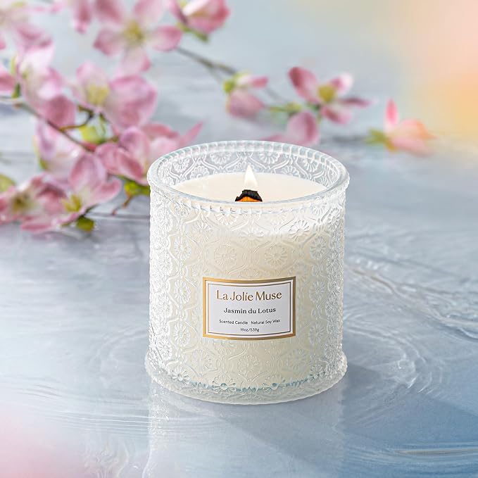 Jasmin du Lotus Candle - Ivy, Jasmine, Cedarwood | 19 oz Large Wooden Wick Candle | Natural Soy Wax | 90 Hours Clean Burn |