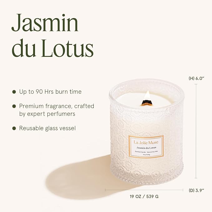 Jasmin du Lotus Candle - Ivy, Jasmine, Cedarwood | 19 oz Large Wooden Wick Candle | Natural Soy Wax | 90 Hours Clean Burn |