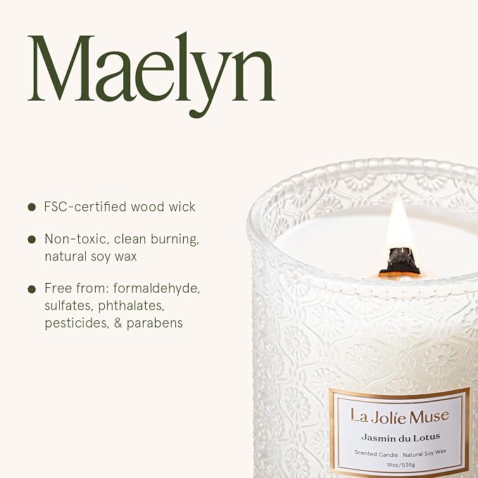 Jasmin du Lotus Candle - Ivy, Jasmine, Cedarwood | 19 oz Large Wooden Wick Candle | Natural Soy Wax | 90 Hours Clean Burn |