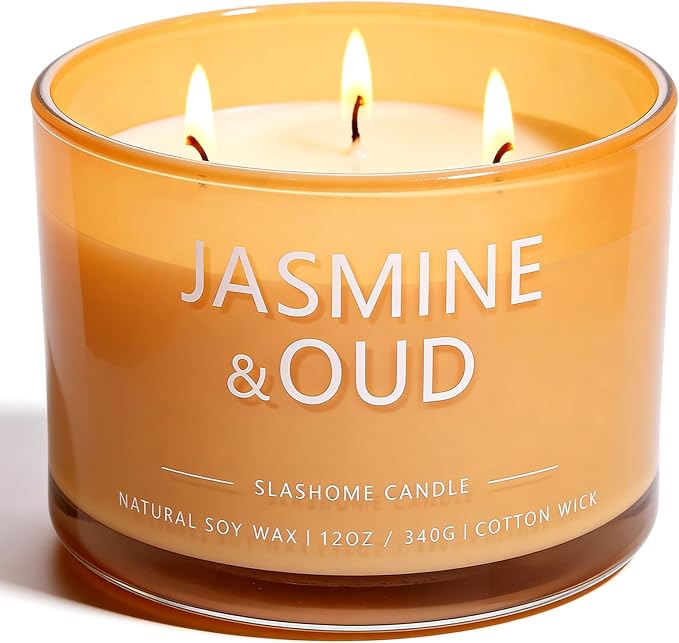 Jasmine & Oud Scented Candle, Luxury Large 3 Wick Soy Candle 12 Oz, 60+ Hour Long Lasting Clean Burn, Elegant Aromatherapy