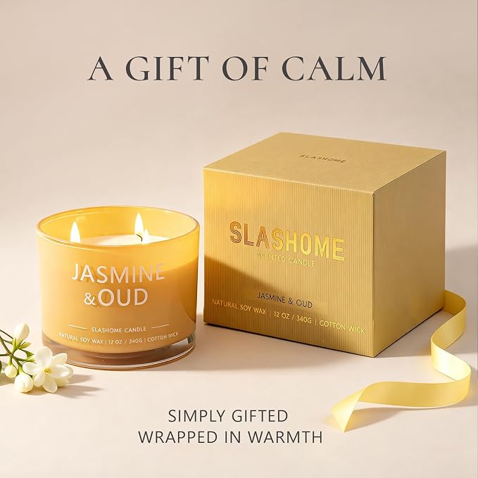 Jasmine & Oud Scented Candle, Luxury Large 3 Wick Soy Candle 12 Oz, 60+ Hour Long Lasting Clean Burn, Elegant Aromatherapy