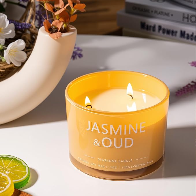 Jasmine & Oud Scented Candle, Luxury Large 3 Wick Soy Candle 12 Oz, 60+ Hour Long Lasting Clean Burn, Elegant Aromatherapy