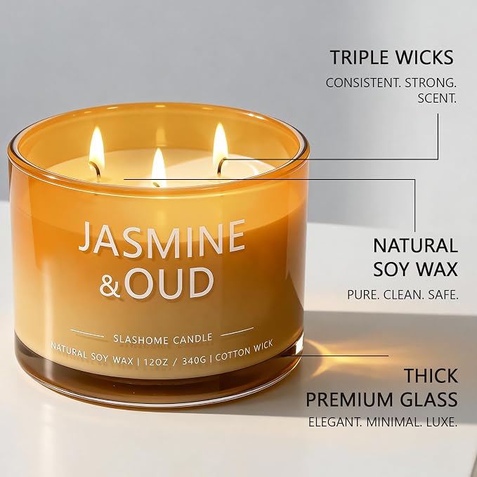 Jasmine & Oud Scented Candle, Luxury Large 3 Wick Soy Candle 12 Oz, 60+ Hour Long Lasting Clean Burn, Elegant Aromatherapy