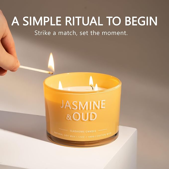 Jasmine & Oud Scented Candle, Luxury Large 3 Wick Soy Candle 12 Oz, 60+ Hour Long Lasting Clean Burn, Elegant Aromatherapy