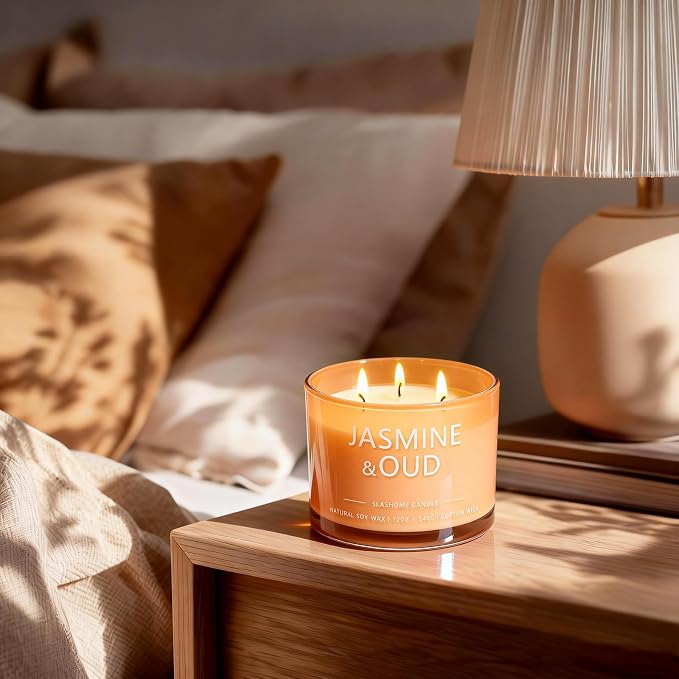 Jasmine & Oud Scented Candle, Luxury Large 3 Wick Soy Candle 12 Oz, 60+ Hour Long Lasting Clean Burn, Elegant Aromatherapy