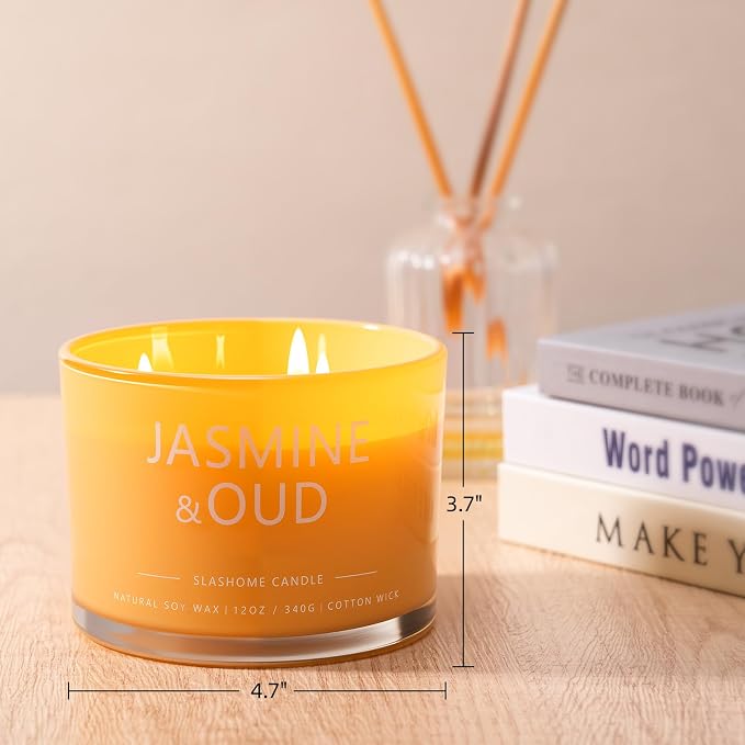 Jasmine & Oud Scented Candle, Luxury Large 3 Wick Soy Candle 12 Oz, 60+ Hour Long Lasting Clean Burn, Elegant Aromatherapy