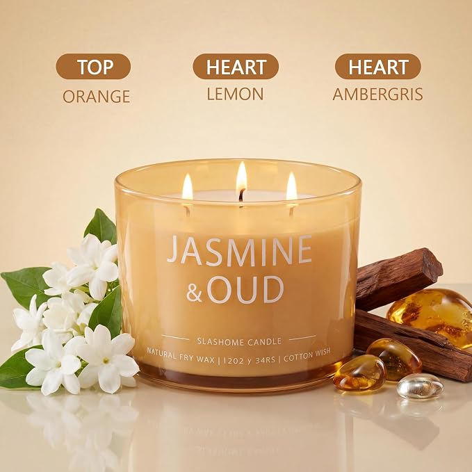 Jasmine & Oud Scented Candle, Luxury Large 3 Wick Soy Candle 12 Oz, 60+ Hour Long Lasting Clean Burn, Elegant Aromatherapy