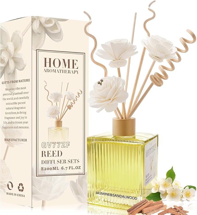 Jasmine & Sandalwood Reed Diffuser Set-6.7 oz Glass Bottle with 4 Rattan Sticks,3 Dried Flowers,Adjustable,Long-Lasting Scent