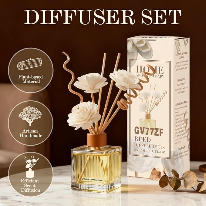 Jasmine & Sandalwood Reed Diffuser Set-6.7 oz Glass Bottle with 4 Rattan Sticks,3 Dried Flowers,Adjustable,Long-Lasting Scent