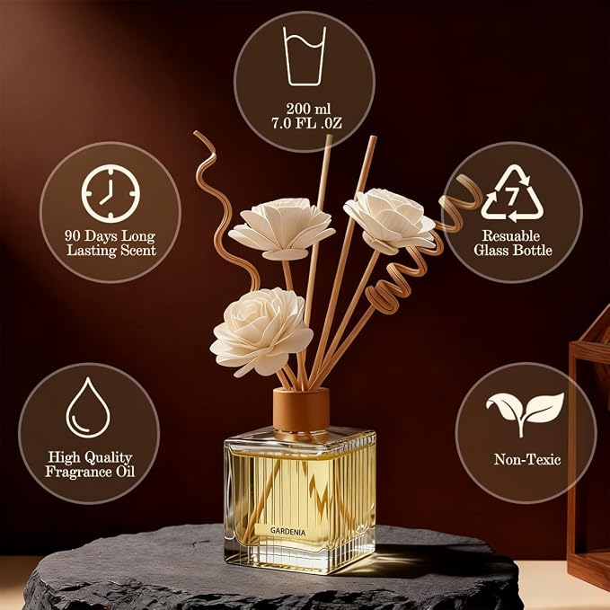 Jasmine & Sandalwood Reed Diffuser Set-6.7 oz Glass Bottle with 4 Rattan Sticks,3 Dried Flowers,Adjustable,Long-Lasting Scent