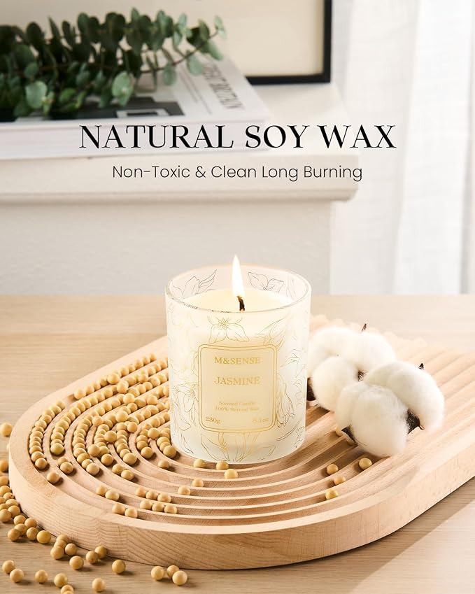 Jasmine Scented Soy Candles, 8.1oz 42-Hour Long Last Burning Time, No Toxin Aromatherapy Stress Relief Home Fragrance for