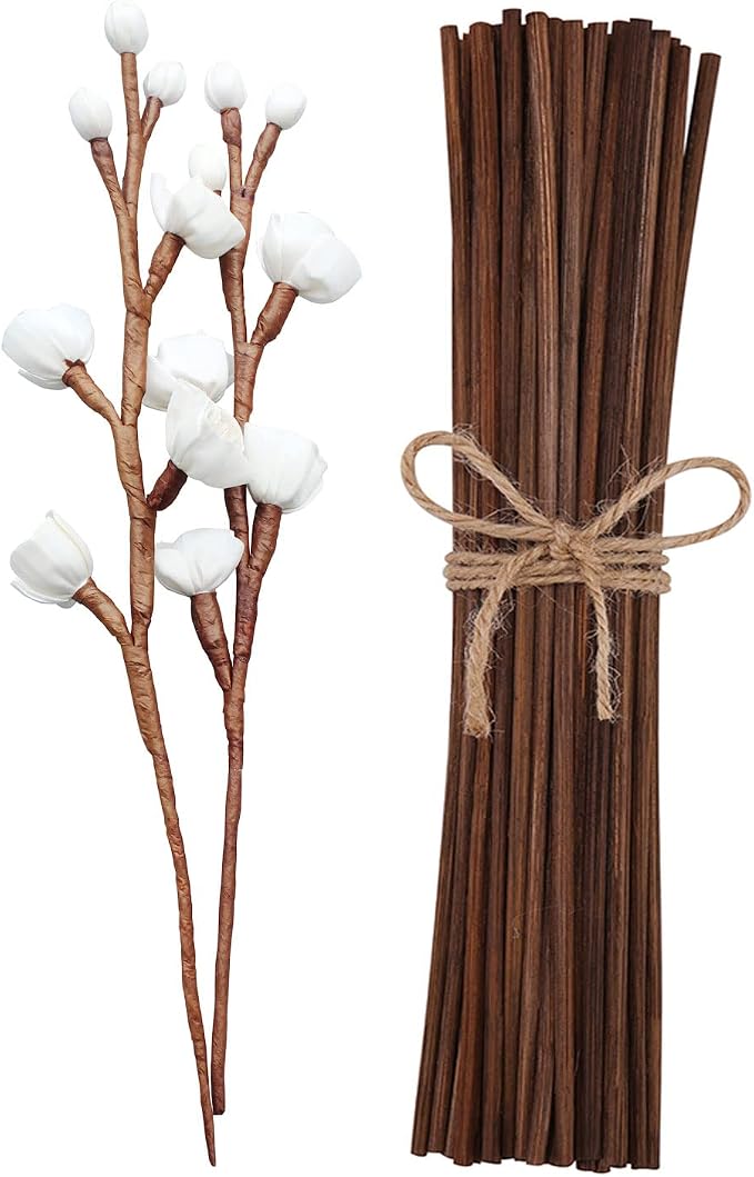 jecengs 100pcs Brown Natural Reed Diffuser Sticks add 2 Pcs Sola Flowers 10 Inch Natural Rattan Wood Sticks Aromatherapy