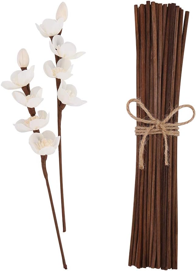 jecengs 100pcs Brown Natural Reed Diffuser Sticks add 2 Pcs Sola Flowers 10 Inch Natural Rattan Wood Sticks Aromatherapy