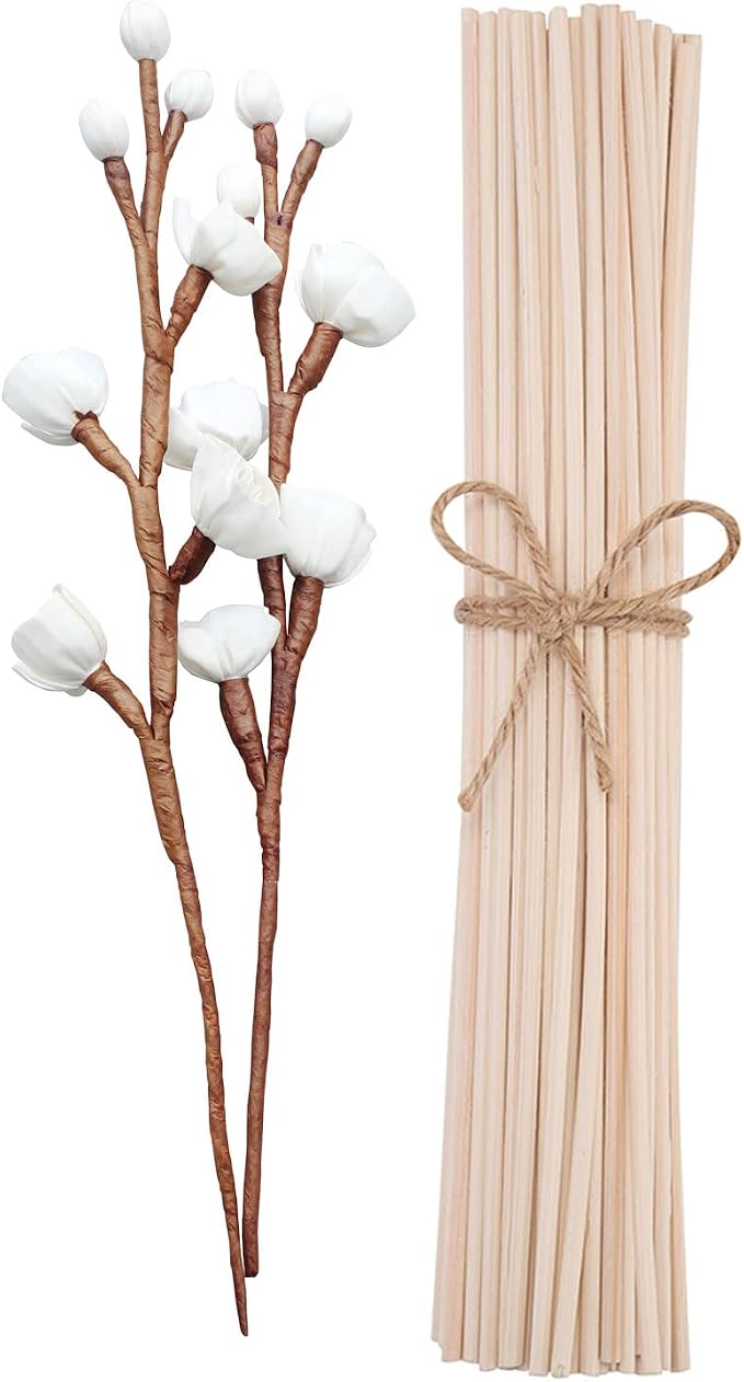 jecengs 100pcs White Natural Reed Diffuser Sticks add 2 Pcs Sola Flowers 10 Inch Natural Rattan Wood Sticks Aromatherapy