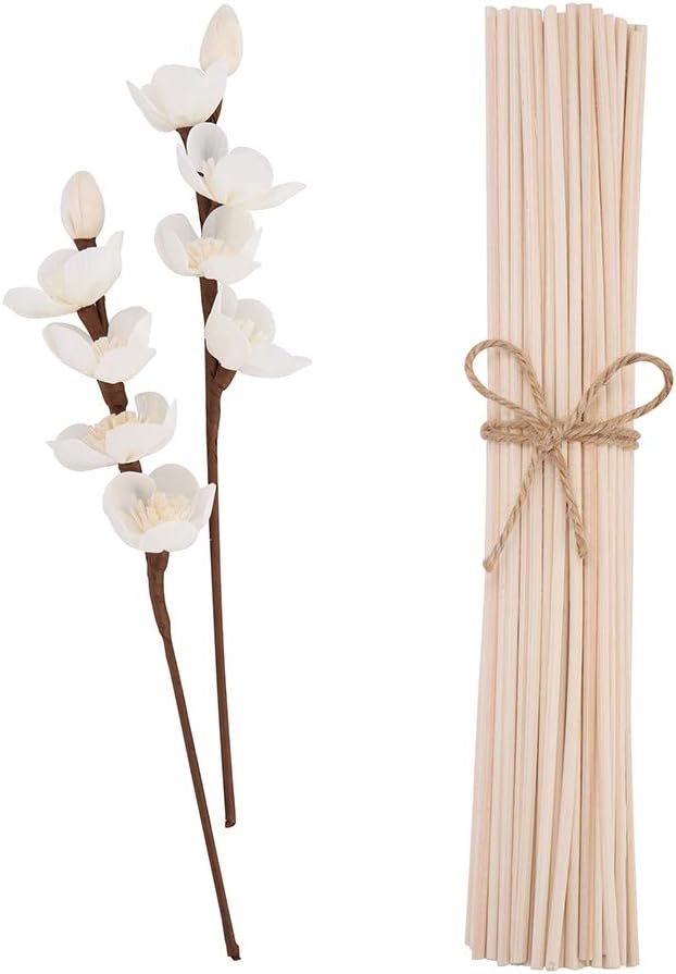 jecengs 100pcs White Natural Reed Diffuser Sticks add 2 Pcs Sola Flowers 10 Inch Natural Rattan Wood Sticks Aromatherapy