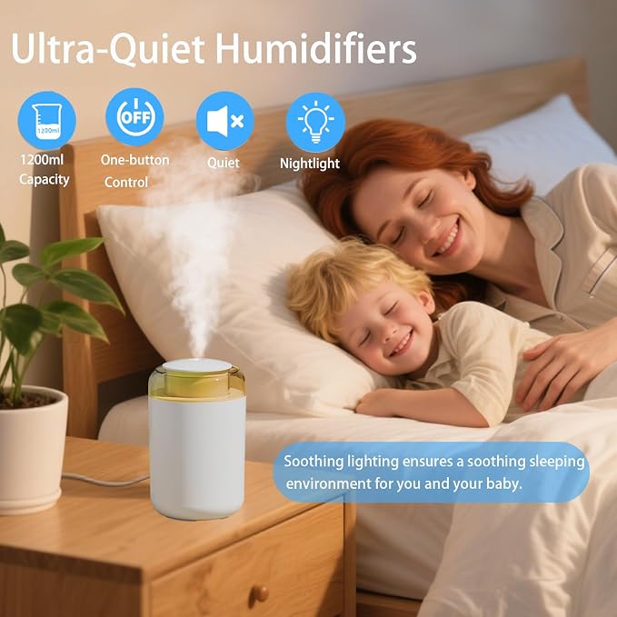 JORMRY Desk Humidifiers, Portable USB Humidifier with 7-Color Mood Light, 1.2L Quiet Mist Auto Shut-Off for Car, Office Room
