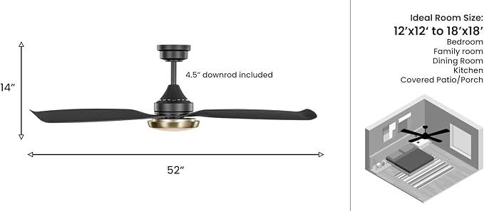 Kathy Ireland Home 52" Freya Ceiling Fan with Light & Remote, Damp Rated Indoor/Outdoor, Energy-Efficient 6-Speed DC Motor