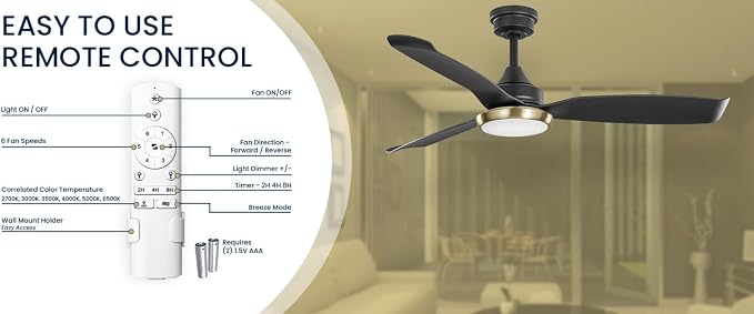 Kathy Ireland Home 52" Freya Ceiling Fan with Light & Remote, Damp Rated Indoor/Outdoor, Energy-Efficient 6-Speed DC Motor