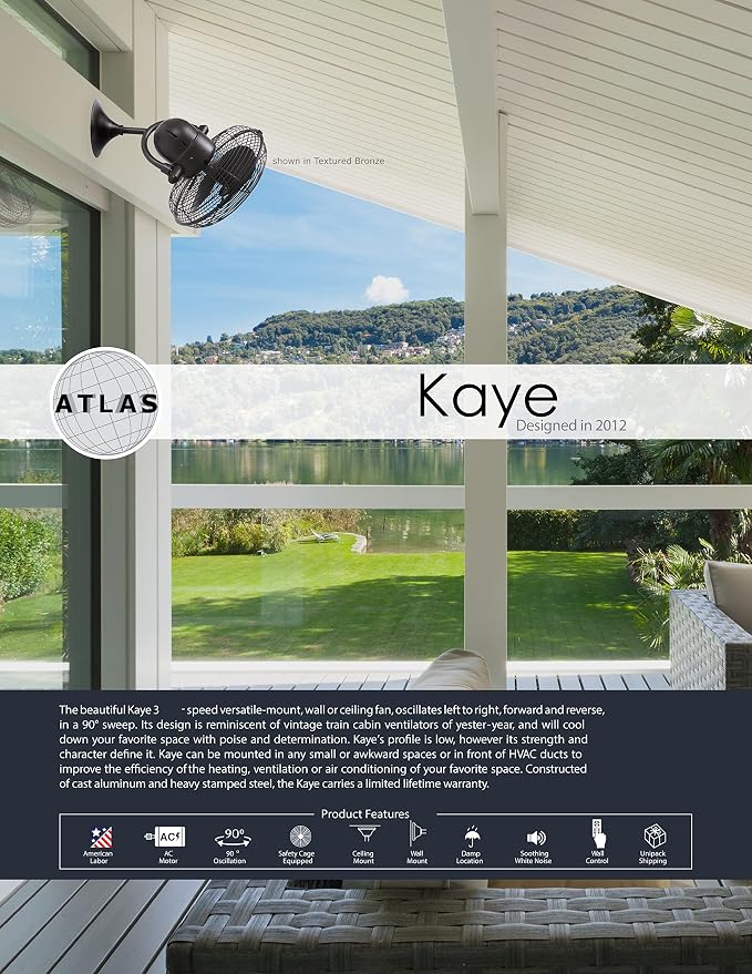 KC-BK Kaye 13" Indoor/Outdoor Damp Rated 90 Degree Oscillating Wall Mount Fan/Ceiling Fan with Wall Control, 3 Metal Blades