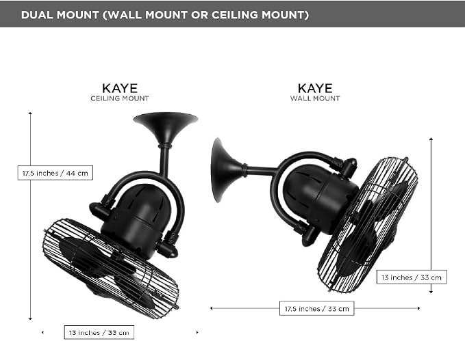 KC-BK Kaye 13" Indoor/Outdoor Damp Rated 90 Degree Oscillating Wall Mount Fan/Ceiling Fan with Wall Control, 3 Metal Blades