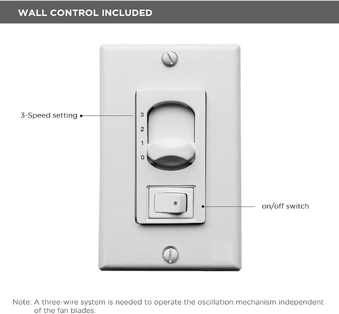 KC-BK Kaye 13" Indoor/Outdoor Damp Rated 90 Degree Oscillating Wall Mount Fan/Ceiling Fan with Wall Control, 3 Metal Blades
