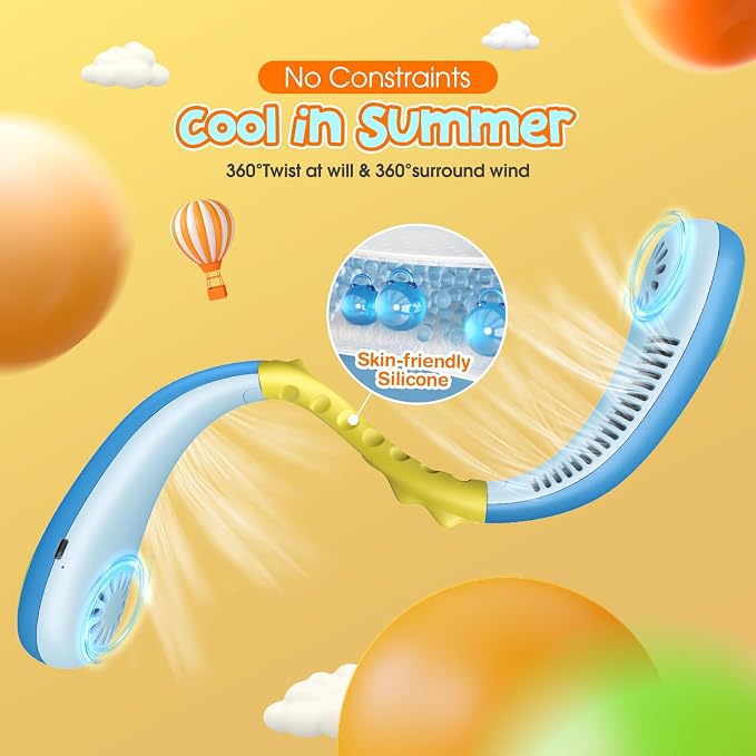 Kids Neck Fan with Shark Sticker, Bladeless Fan for Kids, Safe Portable Rechargeable Cooling Fan for 4-14Y Boys, 2600mAh