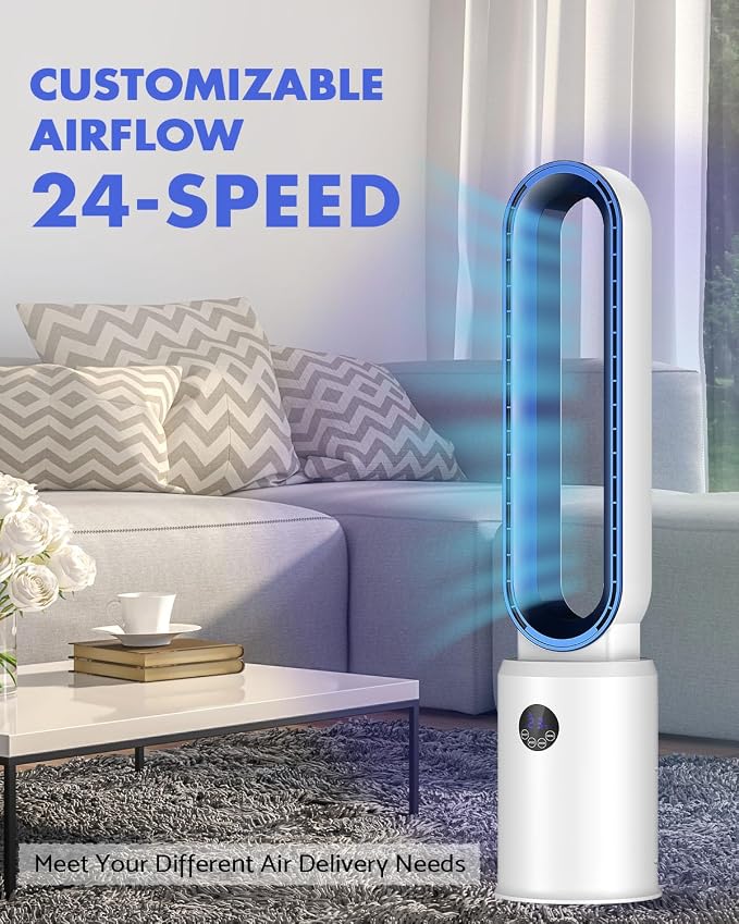38" Bladeless Fan, Bladeless Tower Fan with Remote, 24 Speeds, 12 Hour Timer, 60°Oscillation, Easy to Clean