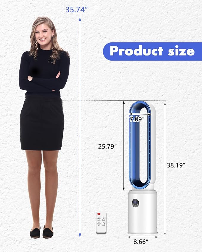 38" Bladeless Fan, Bladeless Tower Fan with Remote, 24 Speeds, 12 Hour Timer, 60°Oscillation, Easy to Clean