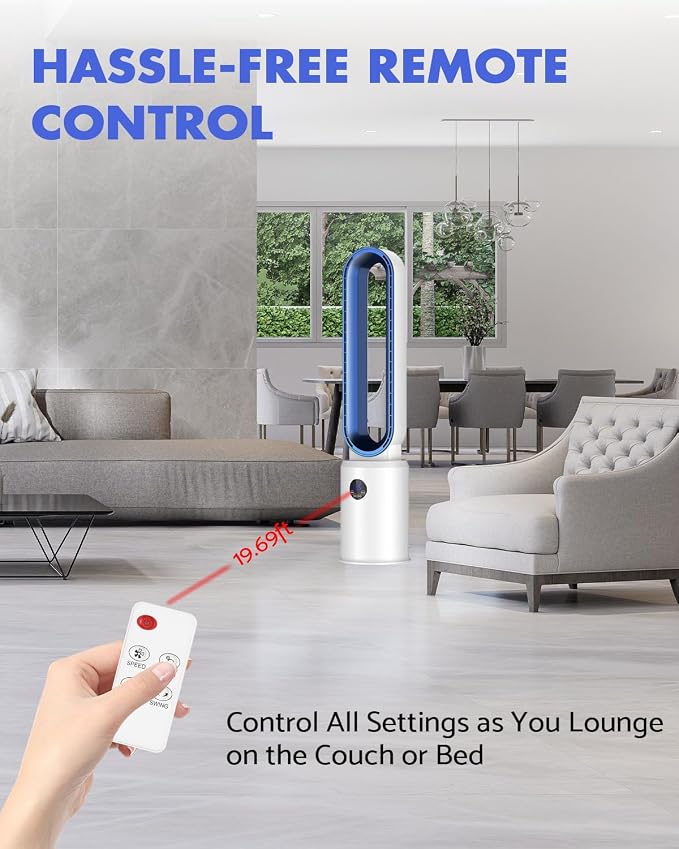 38" Bladeless Fan, Bladeless Tower Fan with Remote, 24 Speeds, 12 Hour Timer, 60°Oscillation, Easy to Clean