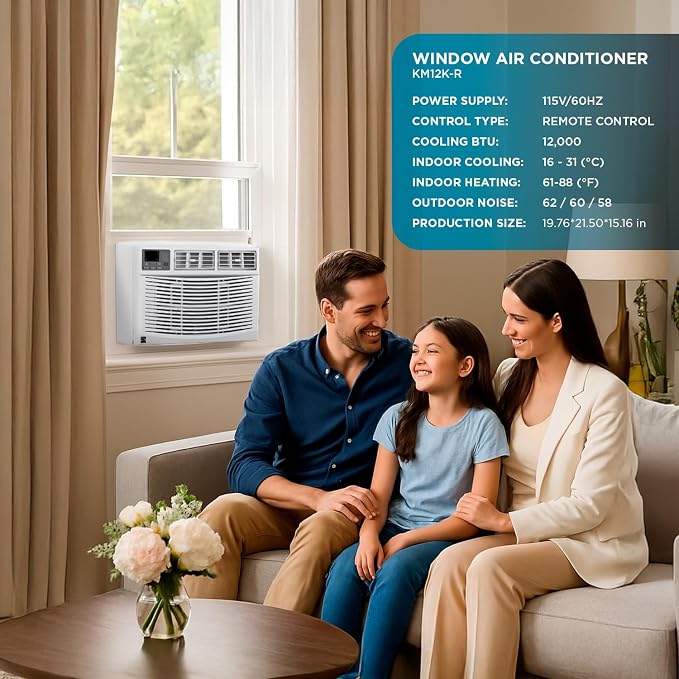 KM12K-R 12,000 BTU Window Air Conditioner for Large Rooms up to 550 Sq. Ft. – Quiet Cooling, Remote Control, Digital Display