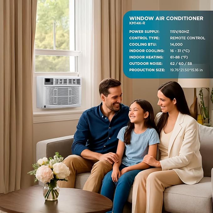 KM14K-R 14,000 BTU Window Air Conditioner for Extra-Large Rooms up to 700 Sq. Ft – Quiet Cooling, Remote Control, Digital