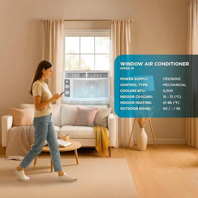 KM5K-M 5,000 BTU Window Air Conditioner for Small Rooms up to 150 Sq. Ft. – Quiet Cooling, Easy Install, Energy Efficient AC