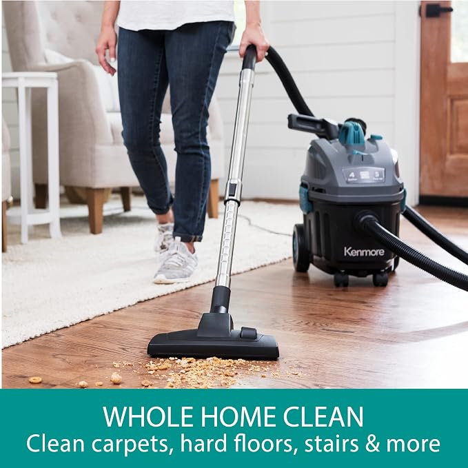 KW3050 Wet Dry Canister Vac 4 Gallon 5 Peak HP 2-Stage Motor Vacuum Cleaner with Washable HEPA Filter & Dust Bags for Hard