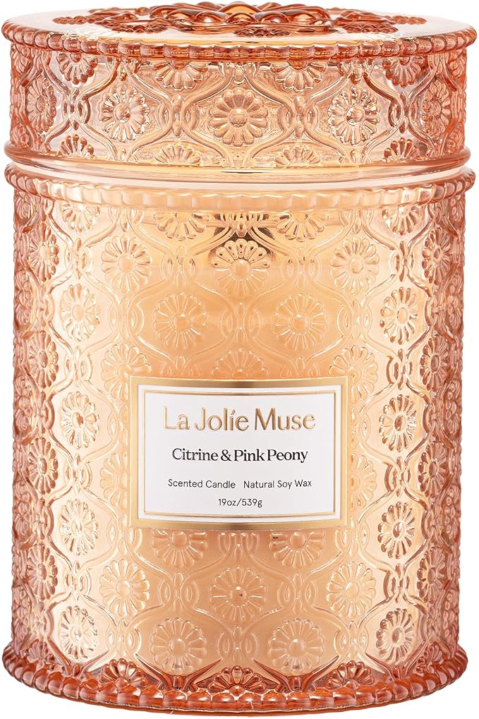 Citrine & Pink Peony Scented Candle | Bergamot, Peony & Amber | 19 oz Large Wooden Wick | Natural Soy Wax