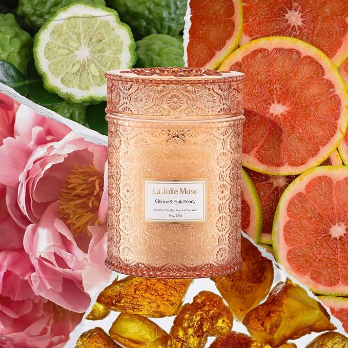 Citrine & Pink Peony Scented Candle | Bergamot, Peony & Amber | 19 oz Large Wooden Wick | Natural Soy Wax