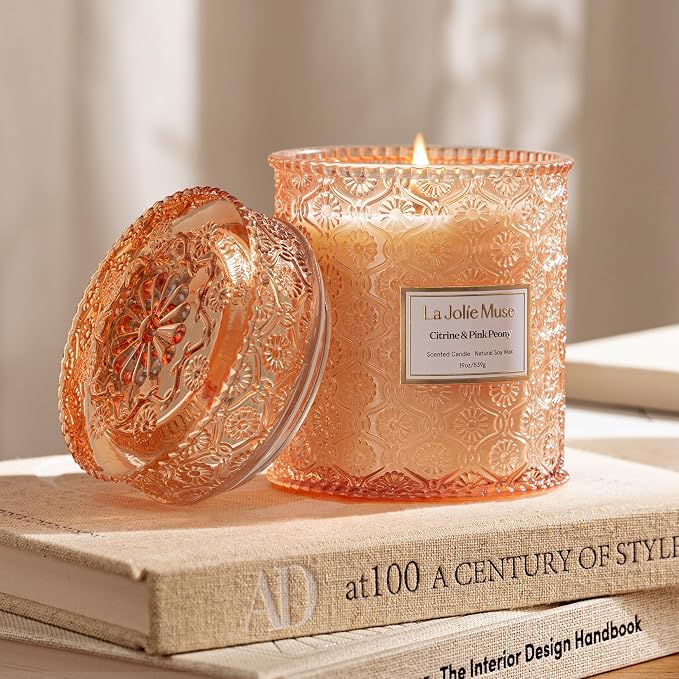 Citrine & Pink Peony Scented Candle | Bergamot, Peony & Amber | 19 oz Large Wooden Wick | Natural Soy Wax