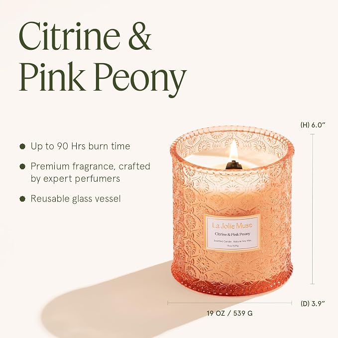 Citrine & Pink Peony Scented Candle | Bergamot, Peony & Amber | 19 oz Large Wooden Wick | Natural Soy Wax