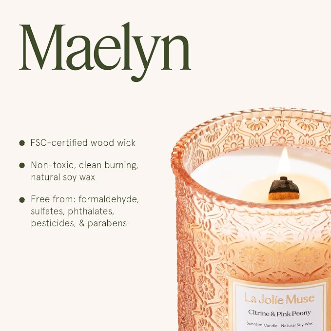 Citrine & Pink Peony Scented Candle | Bergamot, Peony & Amber | 19 oz Large Wooden Wick | Natural Soy Wax