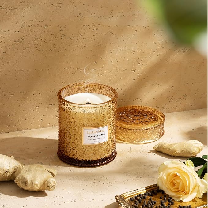 Ginger & White Musk Candle | Ginger, Lemongrass & Musk | 19 oz Wooden Wick | Natural Soy Wax | 90 Hours