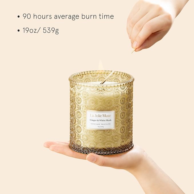 Ginger & White Musk Candle | Ginger, Lemongrass & Musk | 19 oz Wooden Wick | Natural Soy Wax | 90 Hours
