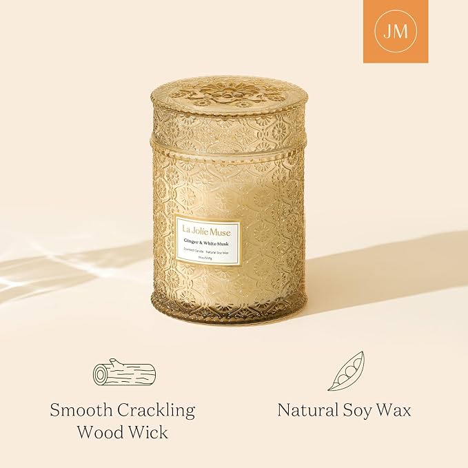 Ginger & White Musk Candle | Ginger, Lemongrass & Musk | 19 oz Wooden Wick | Natural Soy Wax | 90 Hours
