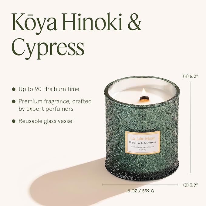 Kōya Hinoki & Cypress Candle | Pine, Hinoki & Cedarwood | 19 oz Wooden Wick Soy Candle | 90-Hour Burn