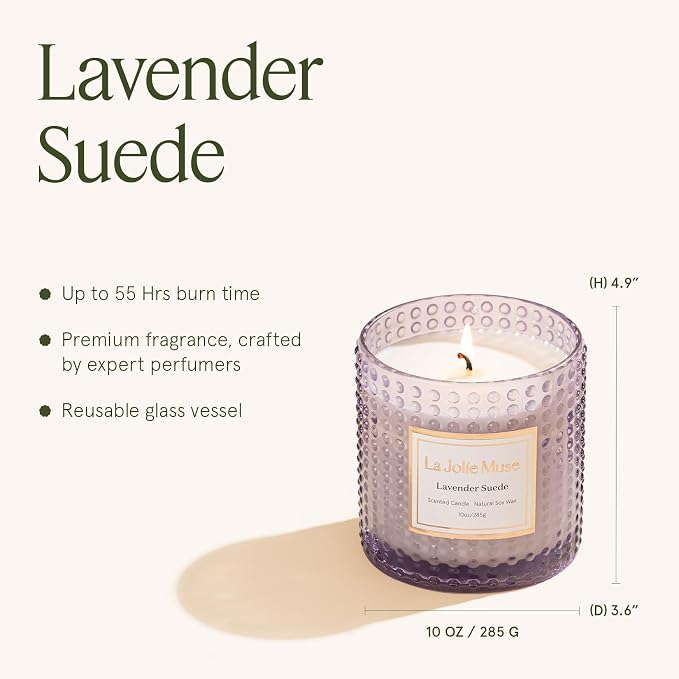 Lavender Suede Candle - Lavender, Eucalyptus, Sandalwood | 10 oz Natural Soy Wax | 55 Hours Clean Burn